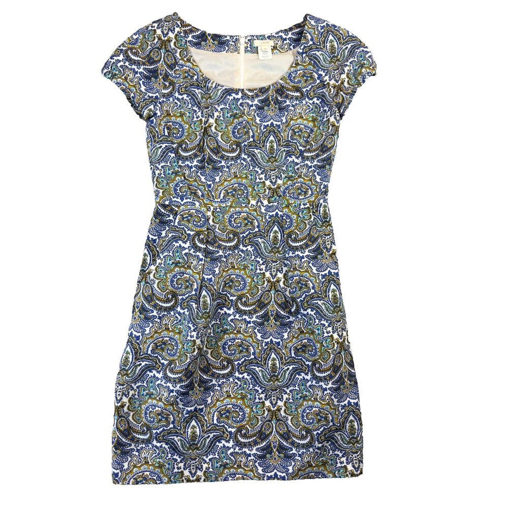 J. Crew Dress Women’s 00 Blue Paisley Cap Sleeves Hidden Pockets Career Office